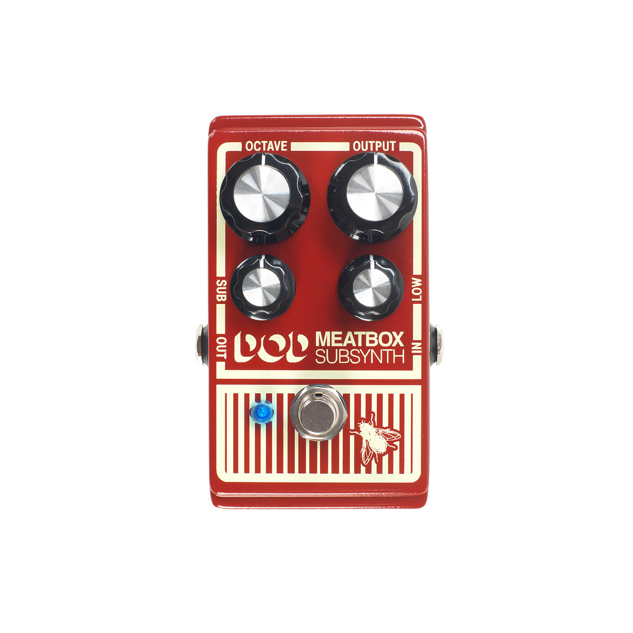 Digitech DOD-MEATBOX Subharmonic Synthesizer pedal featuring bold red finish, level and sub controls, and deep bass generation for massive low-end enhancement.