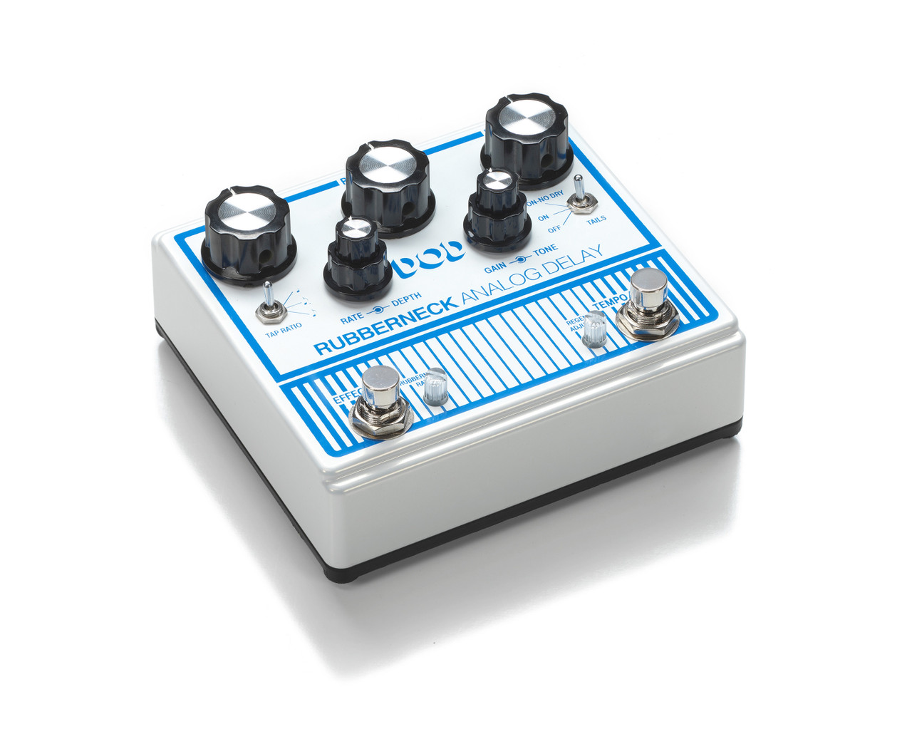 Digitech DOD-RUBBERNECK Rubberneck Analog Delay Pedal featuring blue enclosure, dual footswitches, and hands-on controls for classic analog delay with modulation and time bending.