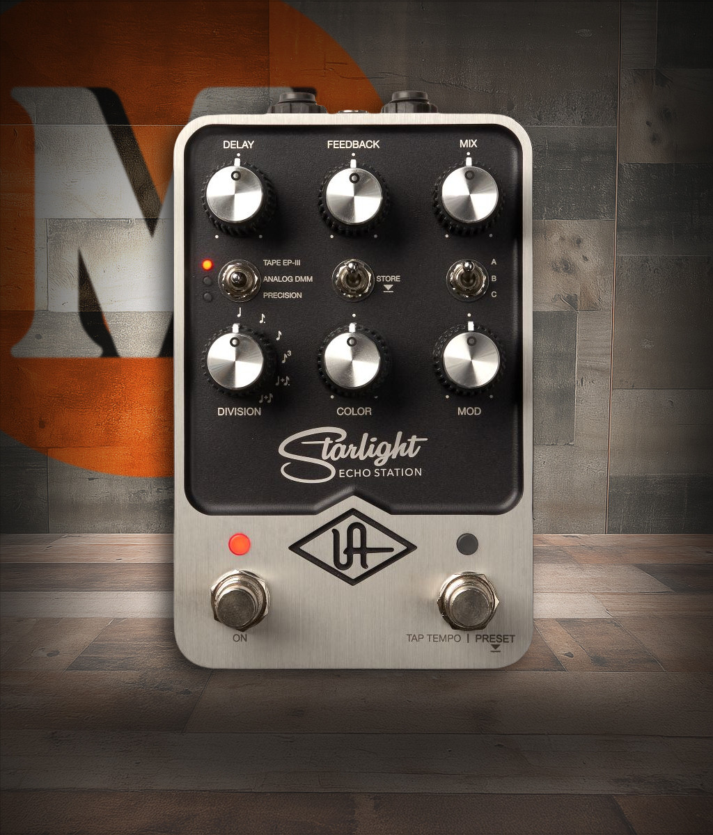 Universal Audio STARLIGHT Echo Station Stereo Delay Pedal featuring dual footswitches, vintage-inspired design, and authentic UAFX modeling of tape and bucket-brigade delays.