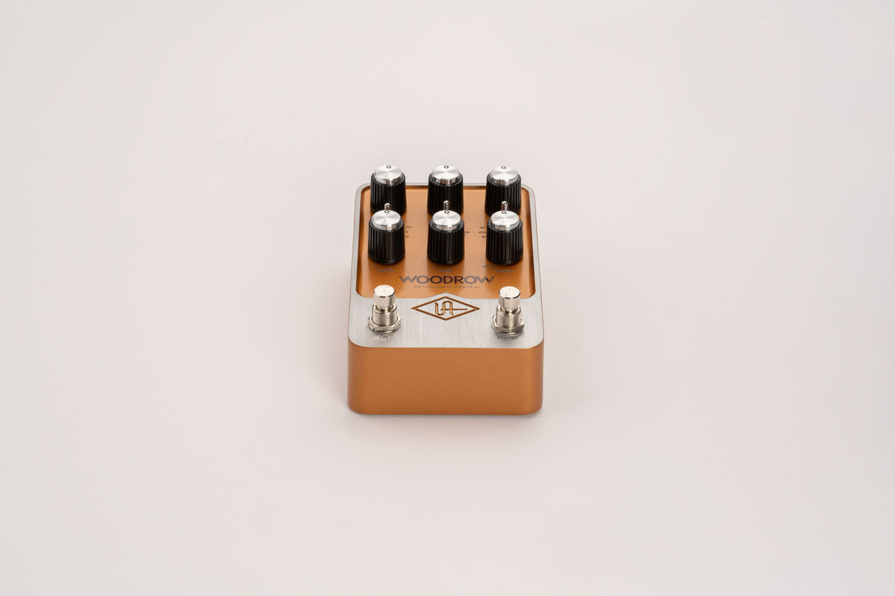 Universal Audio WOODROW '55 Instrument Amplifier pedal featuring vintage-style controls, dual footswitches, and authentic UAFX modeling of classic tweed amp tones.