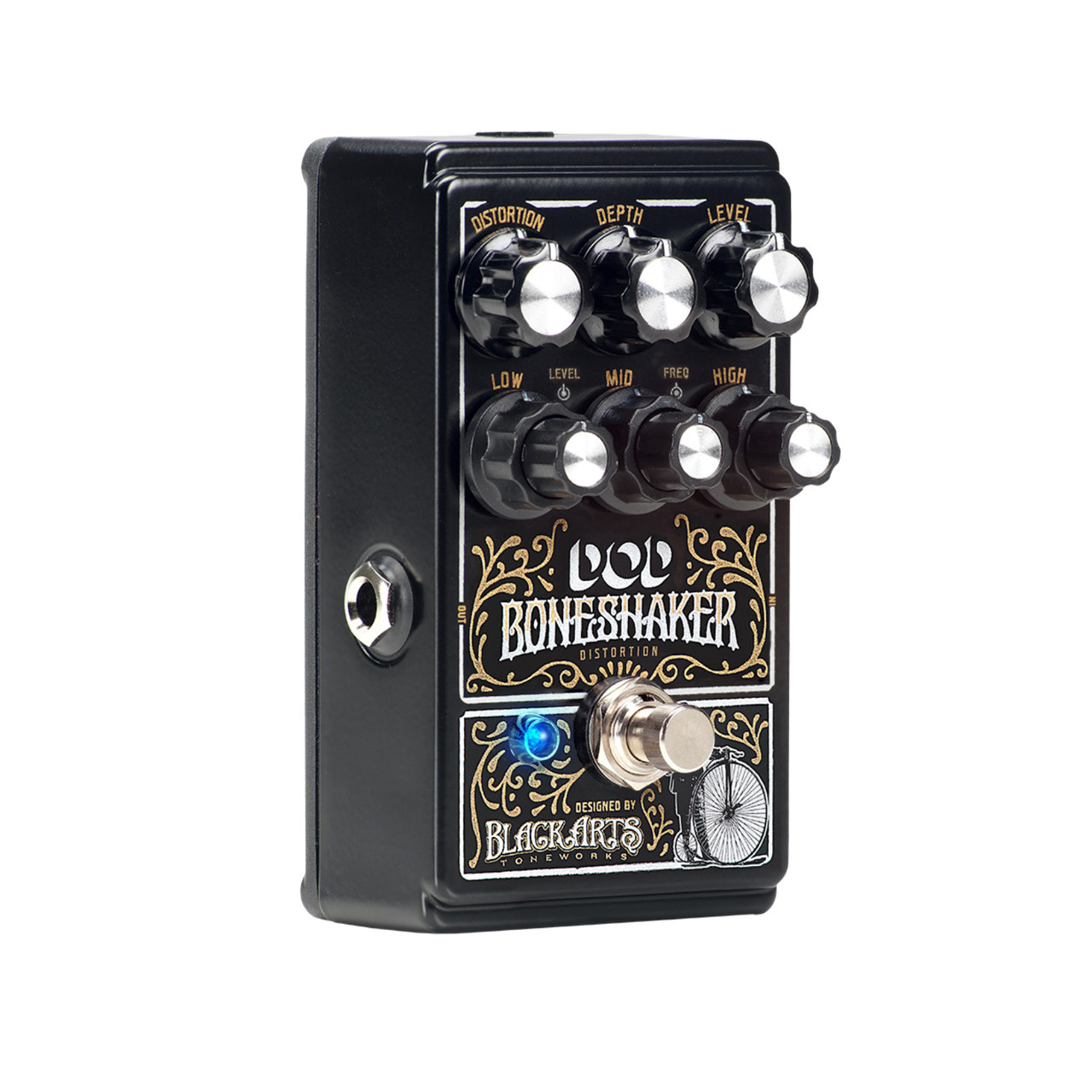 Digitech DOD-BONESHAKER Distortion Pedal featuring black and bronze housing, three-band EQ, and gain control for deep, aggressive tones and powerful low-end punch.