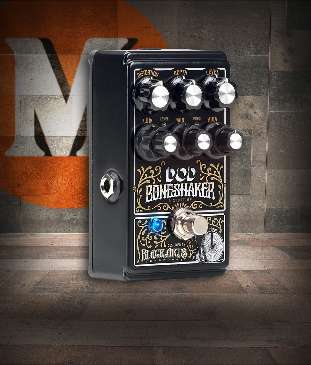 Digitech DOD-BONESHAKER Distortion Pedal featuring black and bronze housing, three-band EQ, and gain control for deep, aggressive tones and powerful low-end punch.