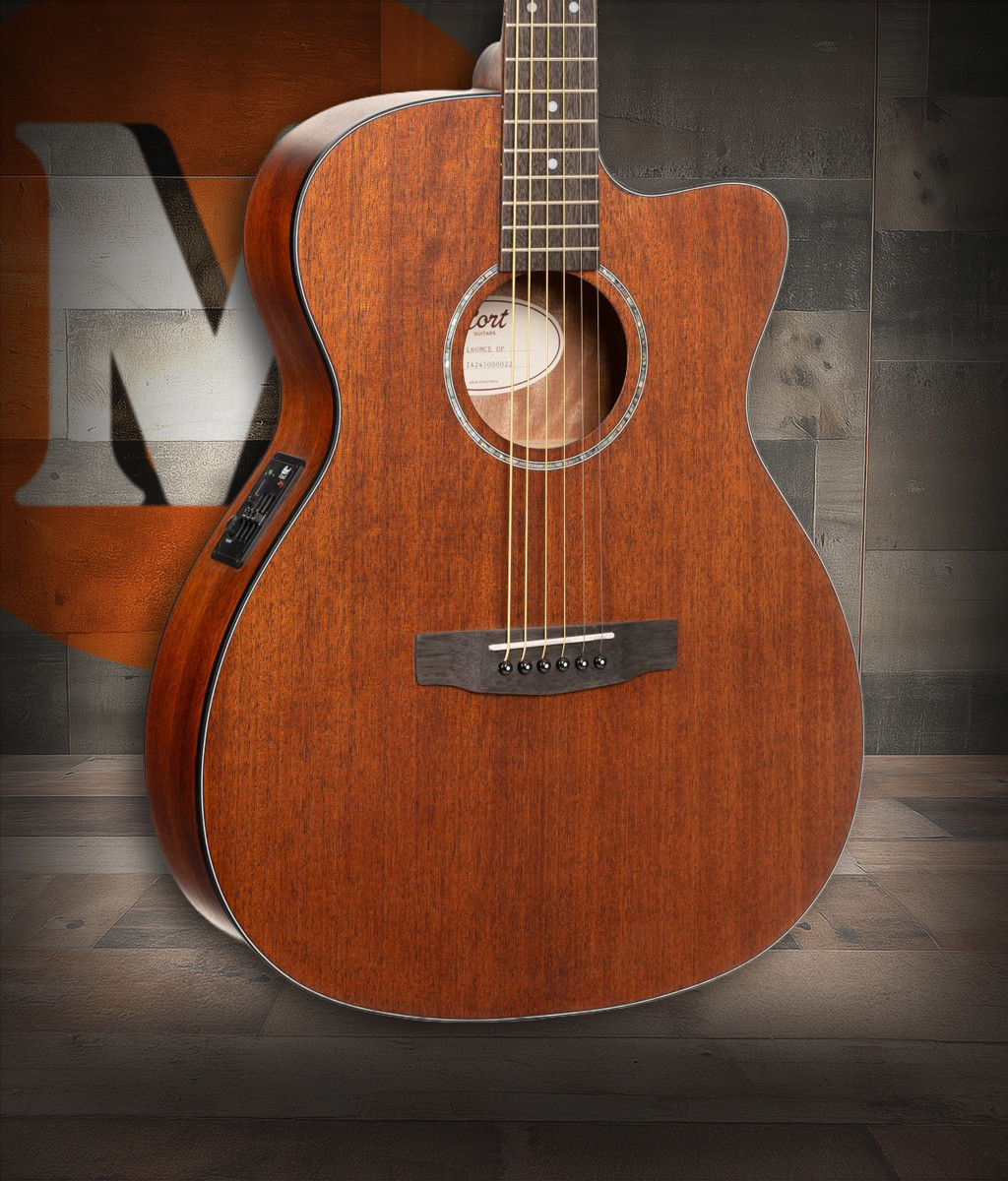 Cort L60MCEOP Luce Series L60M Concert Acoustic-Electric Guitar featuring open pore finish, solid spruce top, mahogany body, and built-in electronics for stage-ready tone.