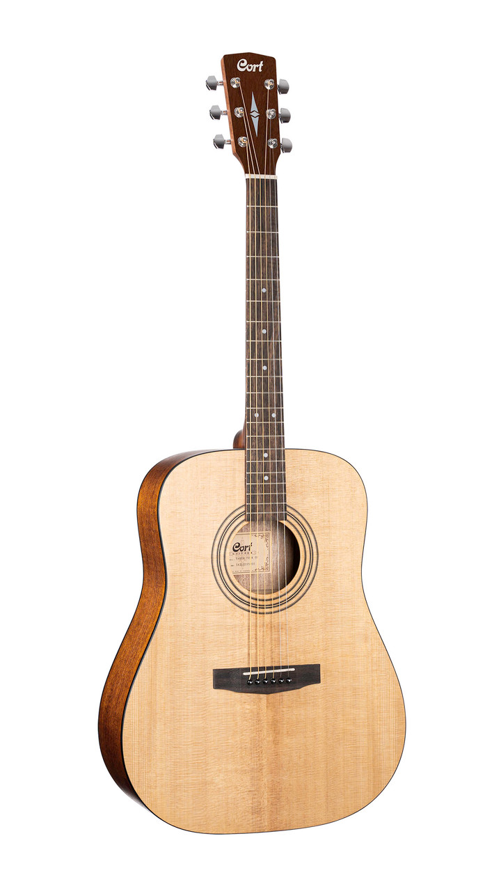 Cort EARTHPACKOP Earth Series Acoustic Guitar Starter Pack featuring an open pore dreadnought guitar with gig bag, tuner, and accessories—ideal for beginner players.