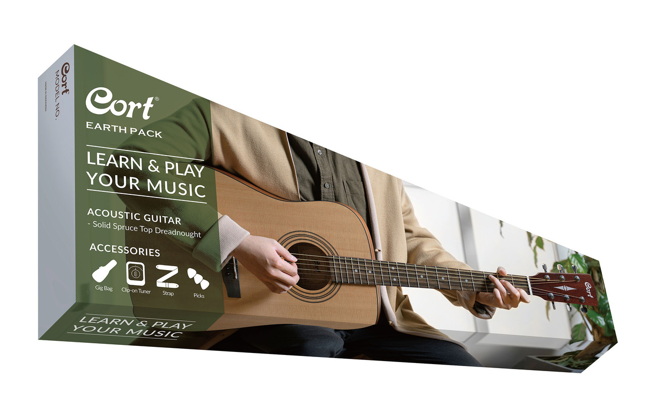 Cort EARTHPACKOP Earth Series Acoustic Guitar Starter Pack featuring an open pore dreadnought guitar with gig bag, tuner, and accessories—ideal for beginner players.