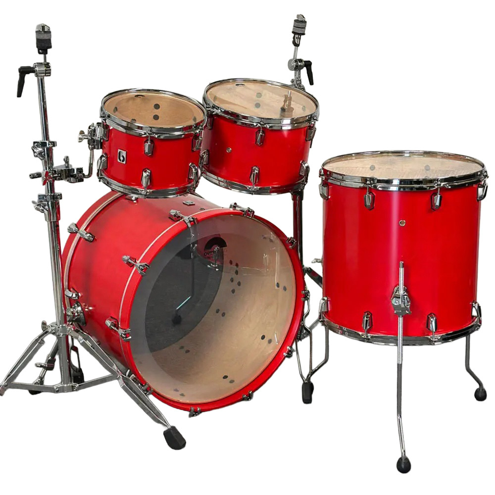 British Drum Co. ENG-22-CB-SSC Enigma Series Club Kit in Satin Scarlett finish featuring 12", 16", and 22" shells crafted with precision for rich tone and striking appearance.