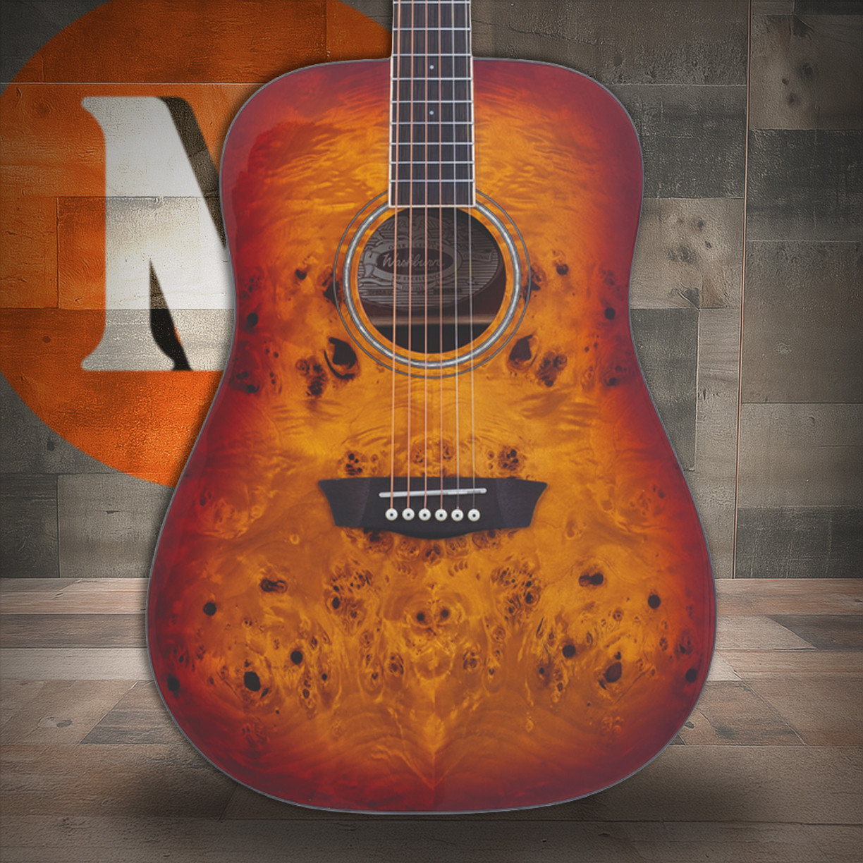 Washburn DFBDA Deep Forest Burl Dreadnought Acoustic Guitar in Amber Fade finish featuring burl top, mahogany body, and dreadnought shape for bold tone and elegant appearance.