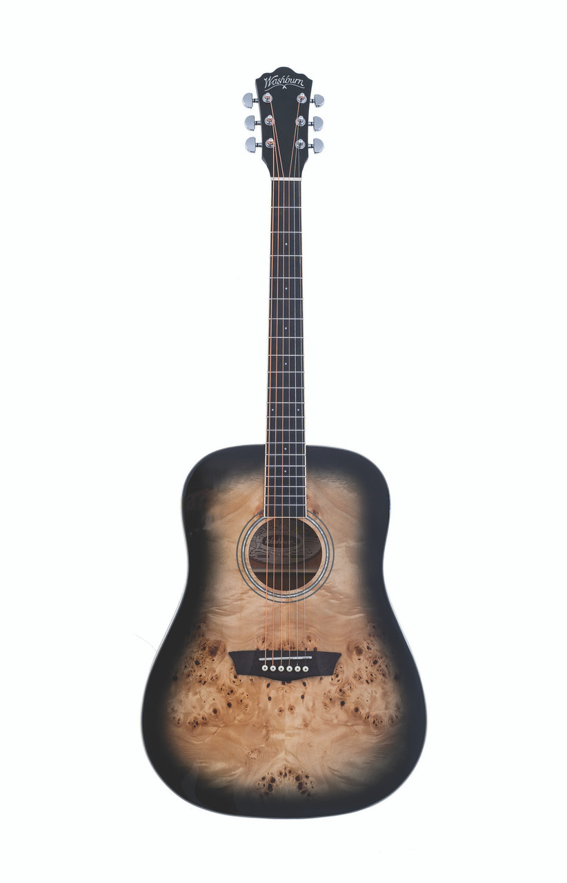 Washburn DFBDB Deep Forest Burl Dreadnought Acoustic Guitar in Black Fade finish featuring burl top, mahogany body, and full dreadnought design for warm tone and elegant style.