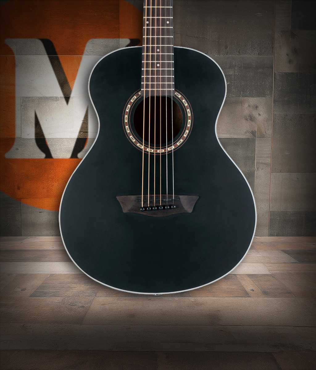 Washburn G-Mini 5 Apprentice Series 7/8 Size Acoustic Guitar featuring a spruce top, mahogany body, and black matte finishâ€”ideal for students, travel, and easy playability.