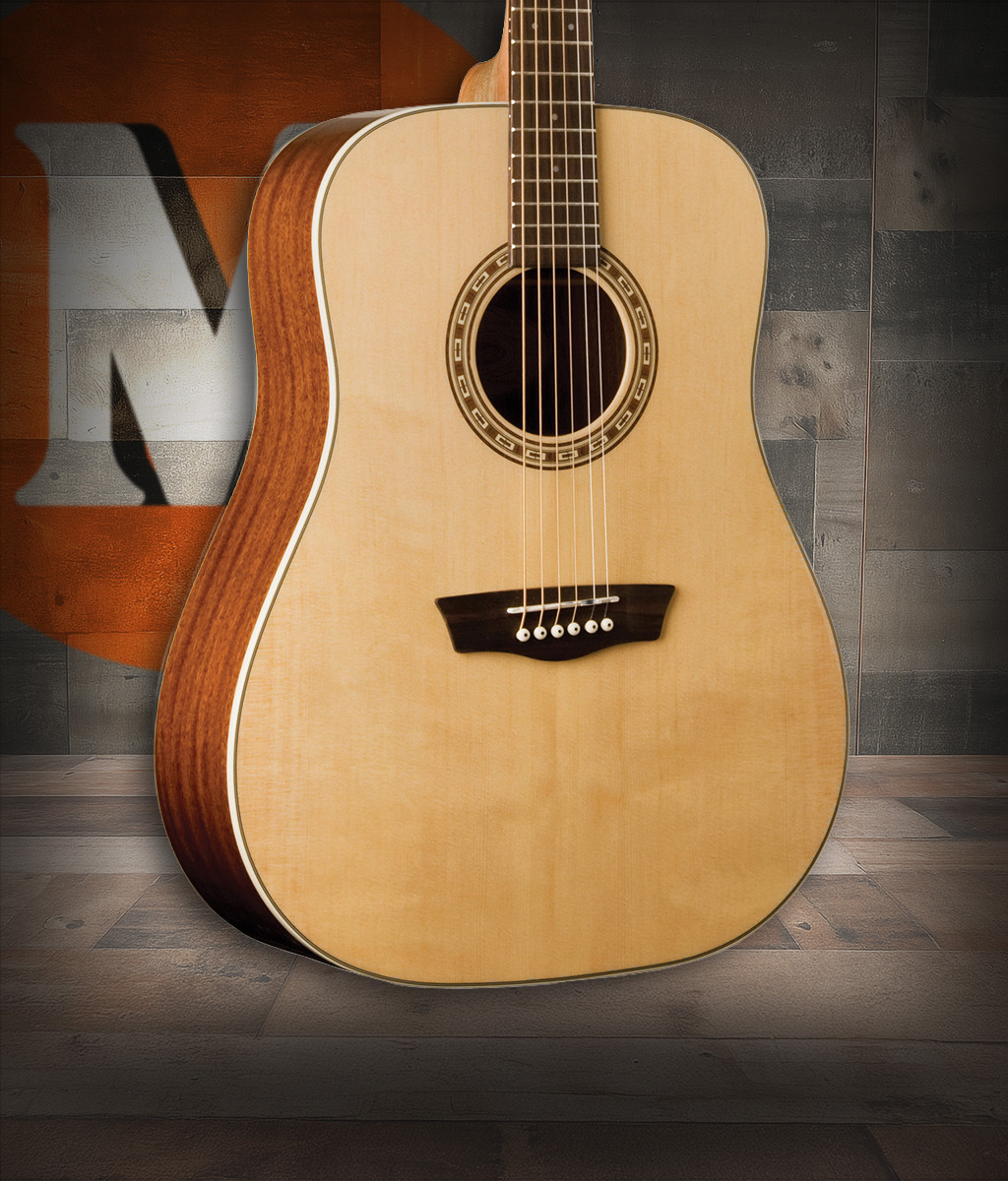 Washburn D7S Harvest Dreadnought Acoustic Guitar featuring a spruce top, mahogany back and sides, and a natural gloss finish for rich tone and classic dreadnought projection.