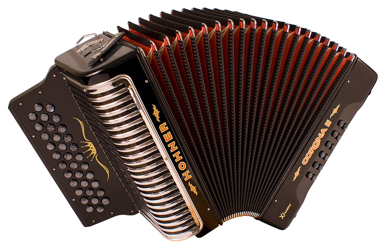 Hohner CXEB Corona II XTREME EAD Accordion in jet black finish featuring three-row diatonic button layout and premium build for professional NorteÃ±o and Tejano musicians.