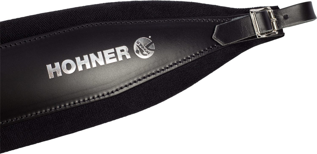Hohner ACC15-BLK/BLK 44" x 4" Leather & Velvet Accordion Straps X-Large with back strap featuring padded comfort, durable stitching, and adjustable length for professional players.