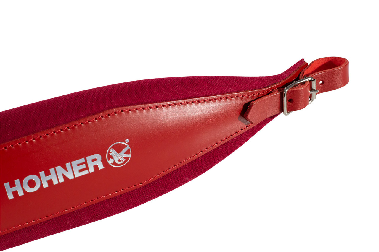 Hohner ACC16-RED/RED 44" x 4" Leather & Velvet Accordion Straps X-Large with back strap featuring red leather exterior, velvet padding, and adjustable design for comfortable support.