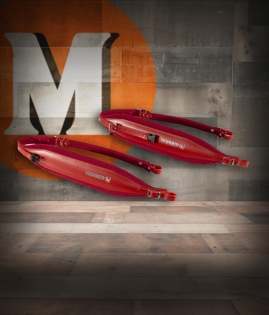 Hohner ACC16-RED/RED 44" x 4" Leather & Velvet Accordion Straps X-Large with back strap featuring red leather exterior, velvet padding, and adjustable design for comfortable support.