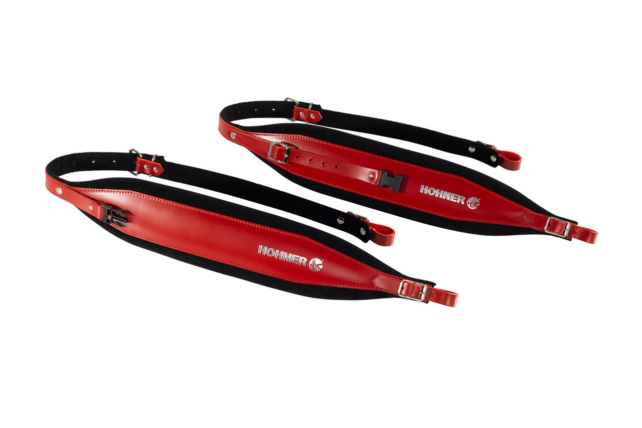 Hohner ACC21-RED/BLK 44" x 4" Leather & Velvet Accordion Straps X-Large with back strap featuring red leather exterior, black velvet padding, and adjustable fit for premium comfort.