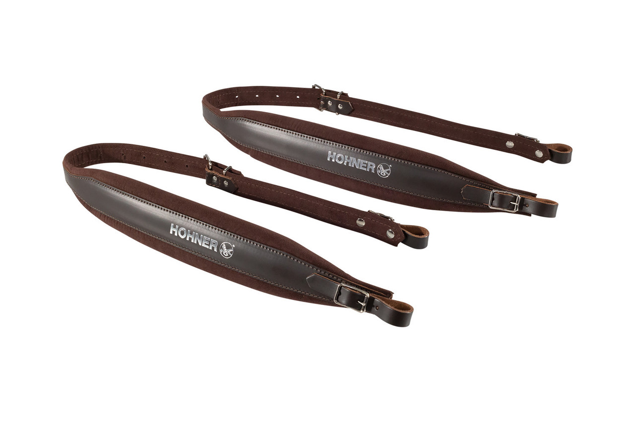 Hohner ACC14-BRN 42" x 3" Brown Leather Accordion Straps featuring premium brown leather construction, adjustable fit, and padded design for secure and comfortable play.