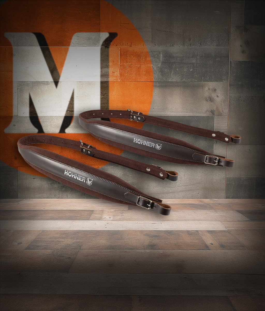 Hohner ACC14-BRN 42" x 3" Brown Leather Accordion Straps featuring premium brown leather construction, adjustable fit, and padded design for secure and comfortable play.