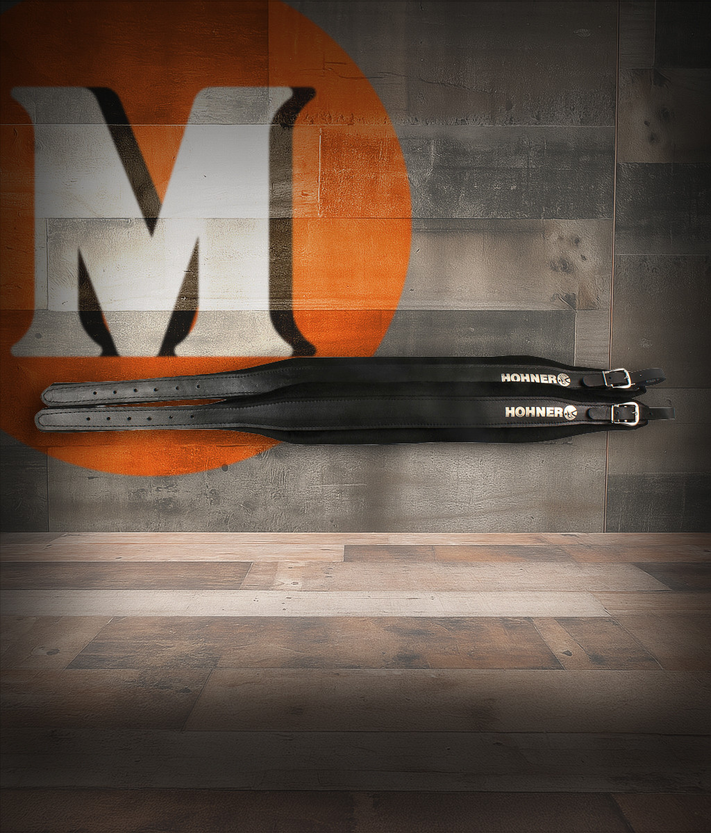 Hohner ACC4-BLK Black Leather Accordion Straps featuring premium leather construction, adjustable length, and reinforced stitching for lasting comfort and reliable support.