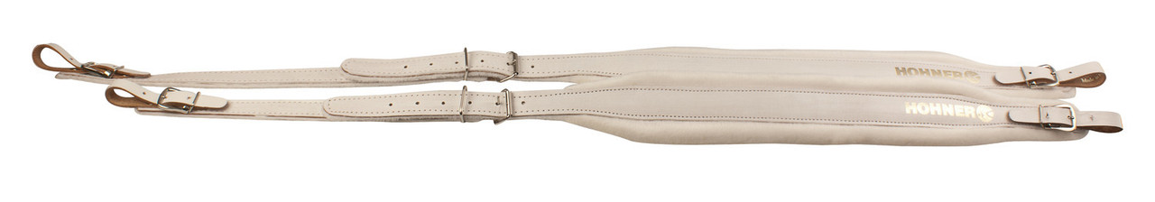 Hohner ACC-STRAP 6-WHT White Leather Accordion Straps featuring premium white leather, adjustable length, and padded comfort for secure and stylish accordion performance.