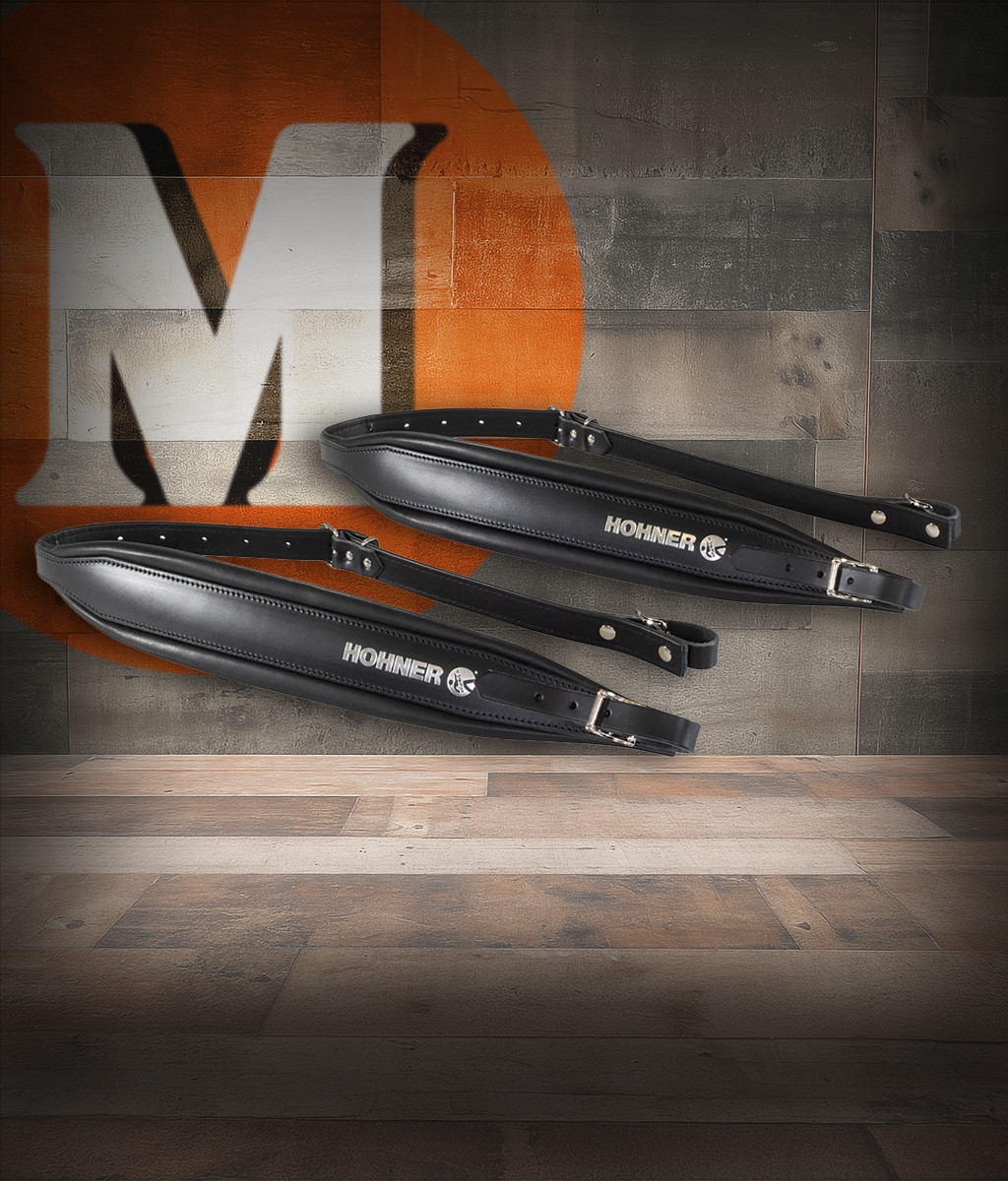 Hohner ACC22-REG-BLK-DX 42" x 3" All Leather Deluxe Accordion Straps in black featuring premium full-grain leather, padded comfort, and adjustable length for professional performance.