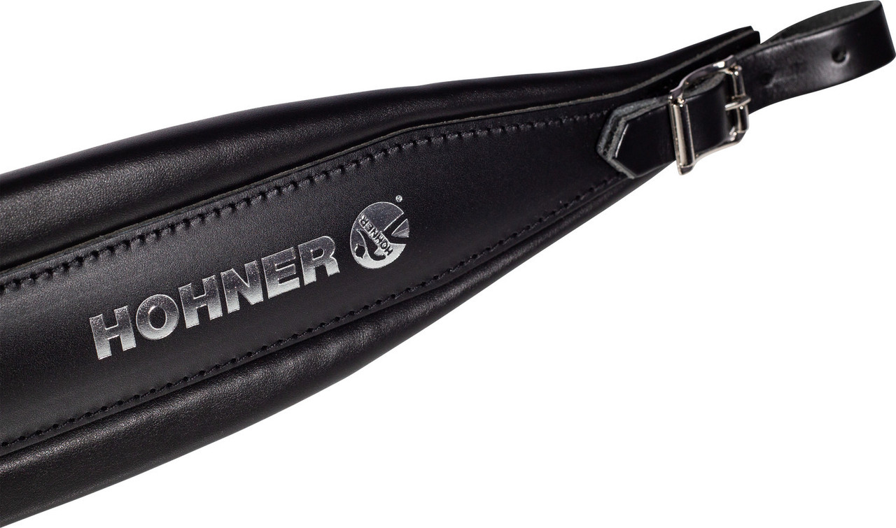 Hohner ACC23-XL-BLK-DX 44" x 3.5" All Leather Deluxe Accordion Straps X-Large with back strap featuring full-grain black leather, padded comfort, and adjustable design for maximum support.