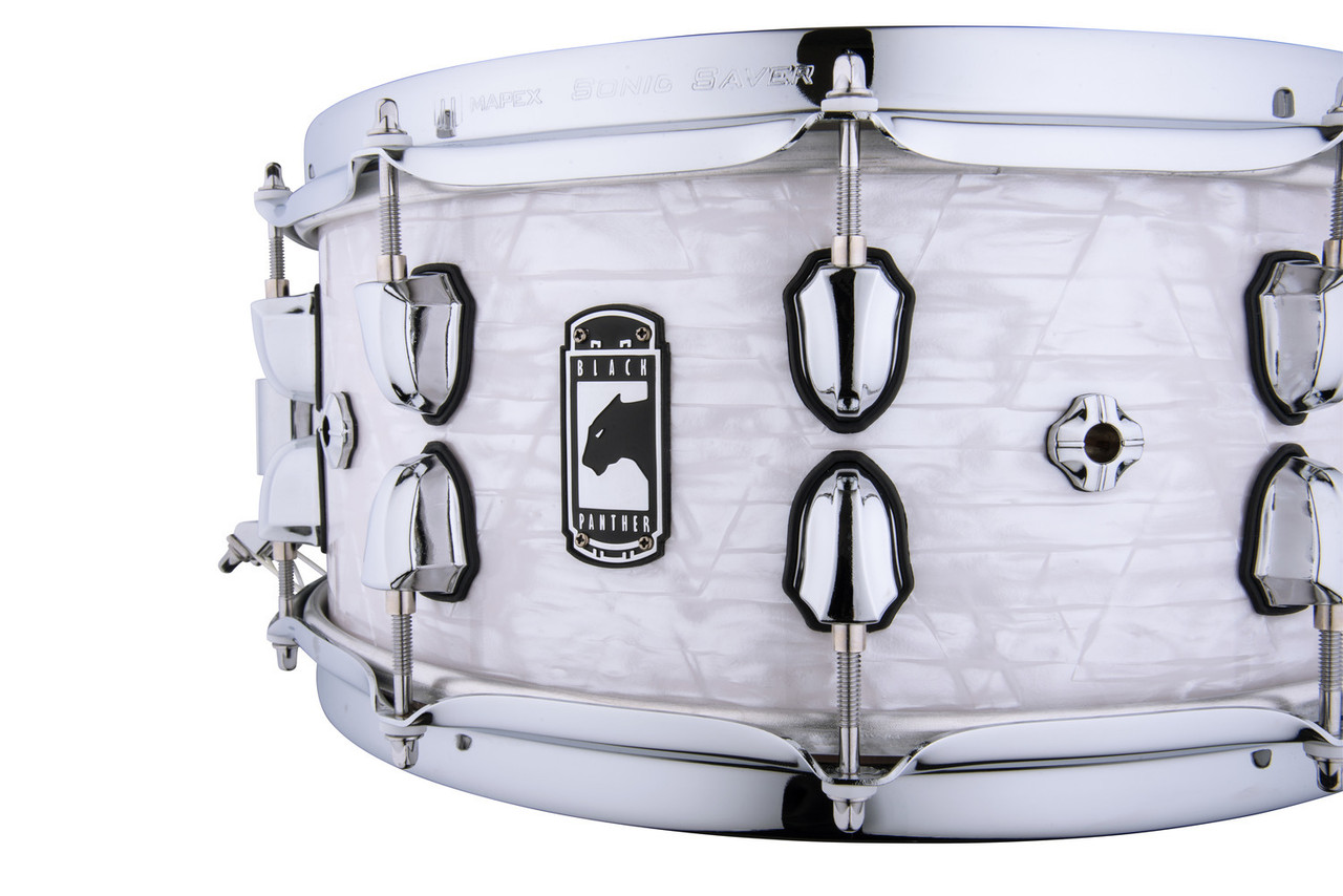 Mapex Black Panther Heritage 14" x 6" Snare Drum â€“ White Strata (BPNML4600CWD) featuring a maple shell, warm vintage tone, and elegant white strata finish for refined performance.