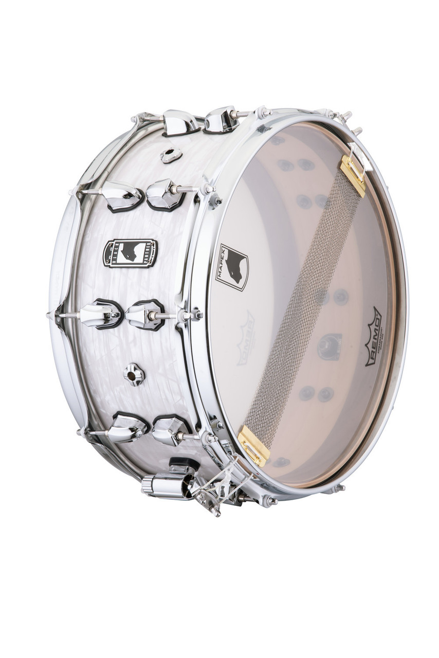 Mapex Black Panther Heritage 14" x 6" Snare Drum â€“ White Strata (BPNML4600CWD) featuring a maple shell, warm vintage tone, and elegant white strata finish for refined performance.