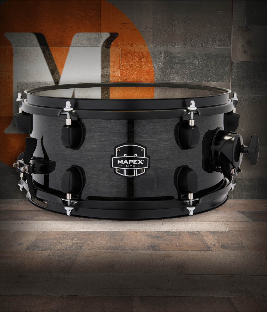 Mapex MPX Maple/Poplar Hybrid 12" x 6" Side Snare Drum â€“ Trans Midnight Black (MPNMP2600BMB) featuring a maple/poplar hybrid shell and tight, punchy tone with elegant black finish.
