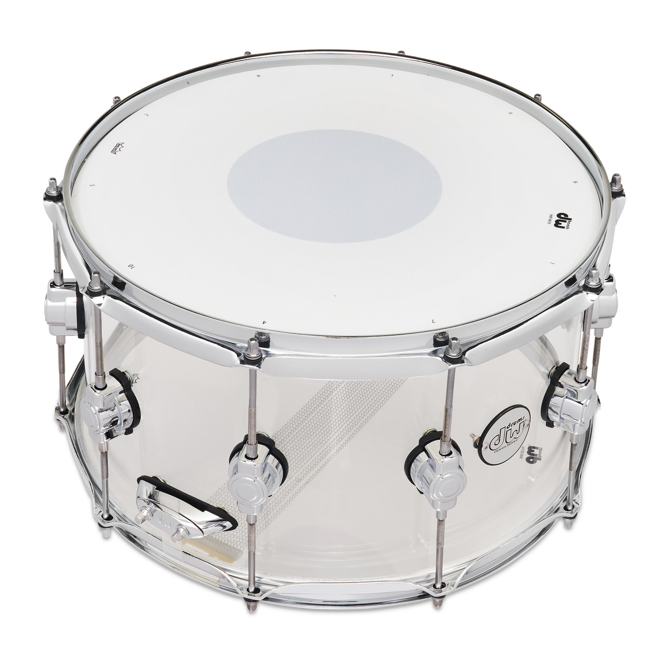 DW Design Series 14" x 8" Acrylic Snare Drum with Chrome Hardware (DDAC0814SSCL1) featuring a clear acrylic shell for bright tone, punchy projection, and stunning stage presence.
