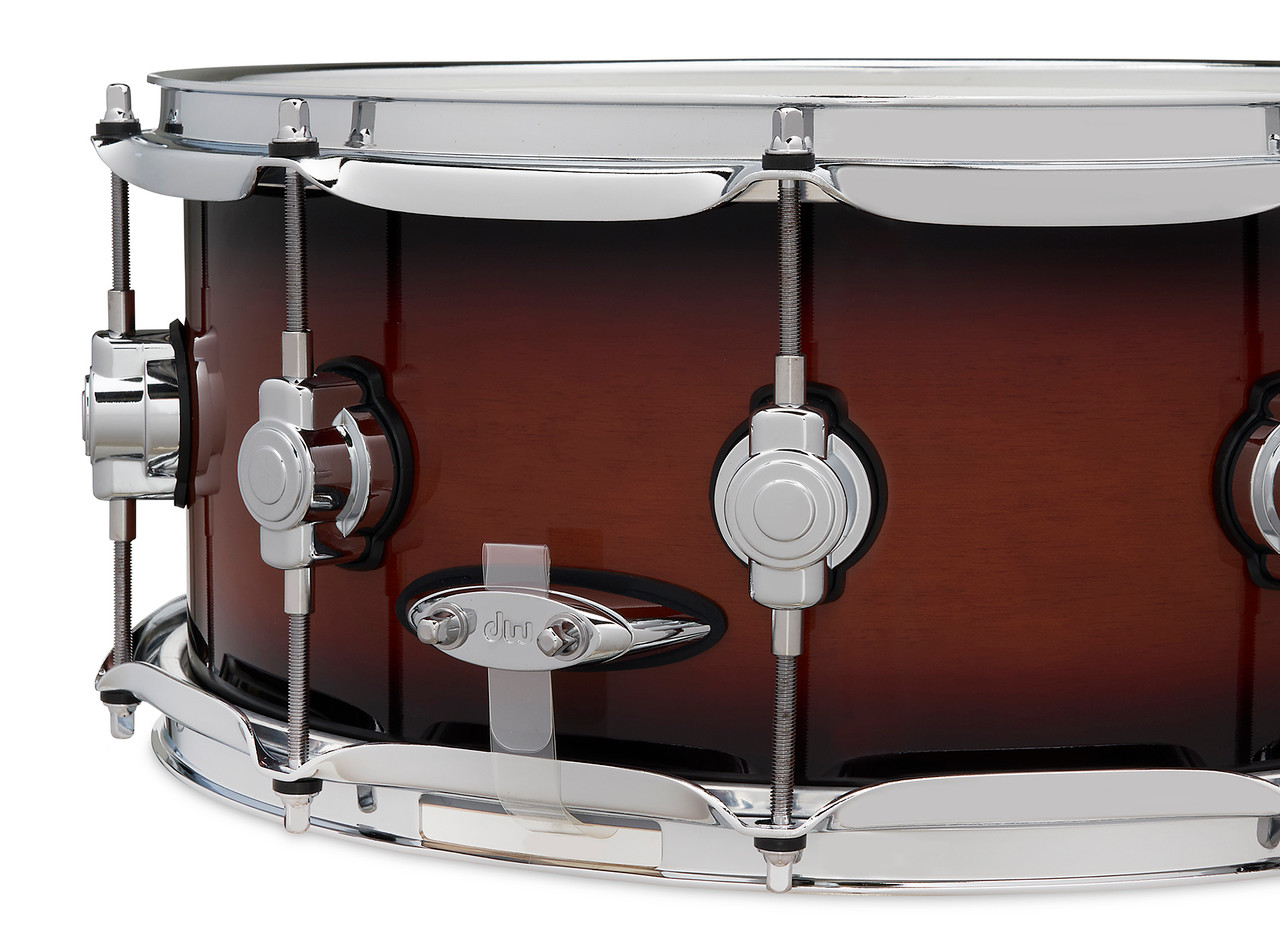 DW Design Series 14" x 6" Snare Drum - Tobacco Burst (DDLG0614SSTB) featuring a 10-ply maple shell with warm tone, smooth projection, and elegant tobacco burst finish.