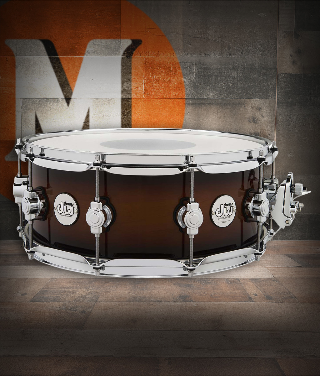 DW Design Series 14" x 5.5" Maple Snare Drum â€“ Tobacco Burst (DDLG5514SSTB) featuring a 10-ply maple shell, chrome hardware, and rich tone with smooth response and classic DW design.