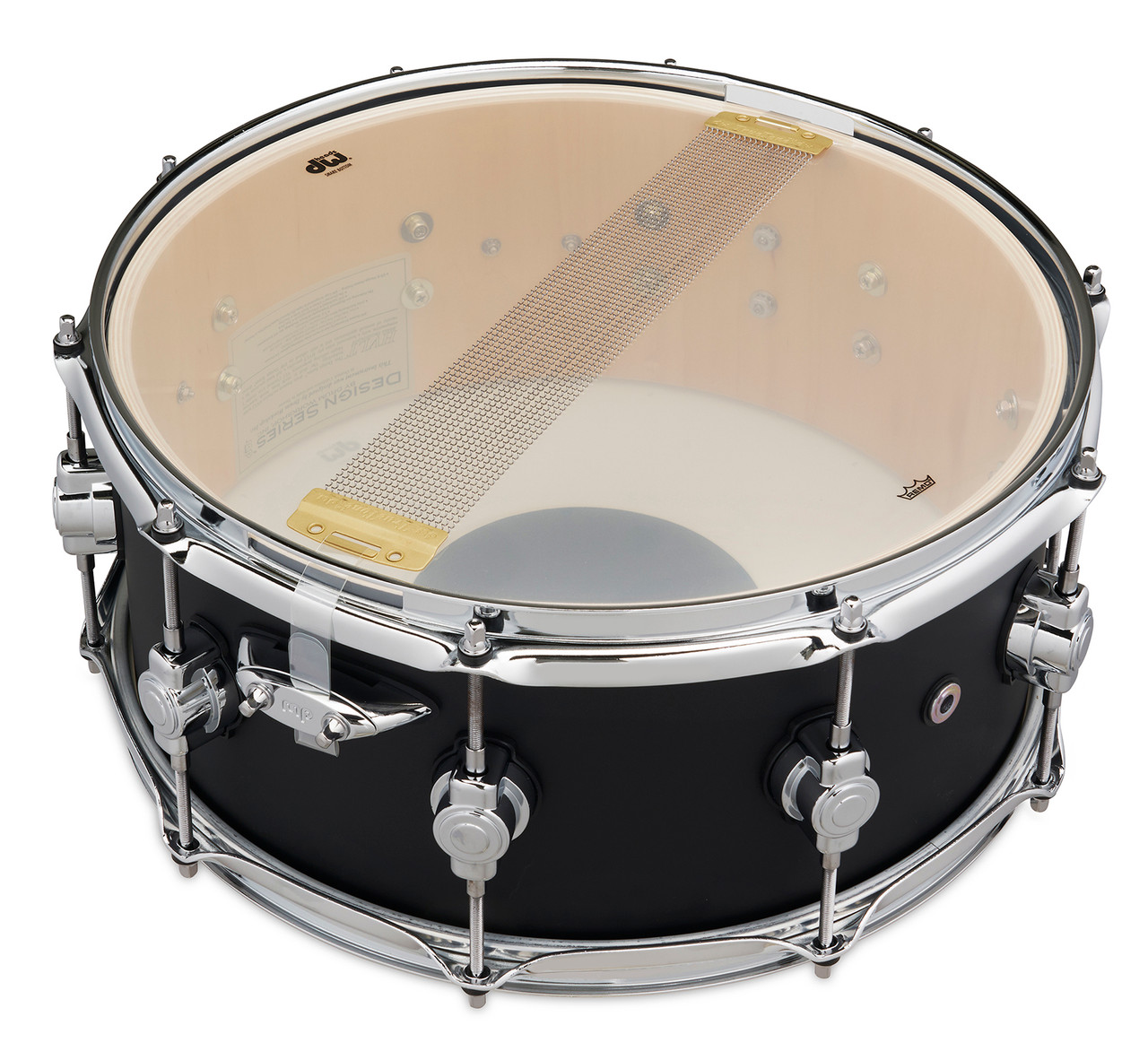 DW Design Series 14" x 6" Snare Drum - Black Stain (DDLM0614SSBL) featuring an all-maple shell, satin black finish, and smooth, balanced tone for studio and live applications.