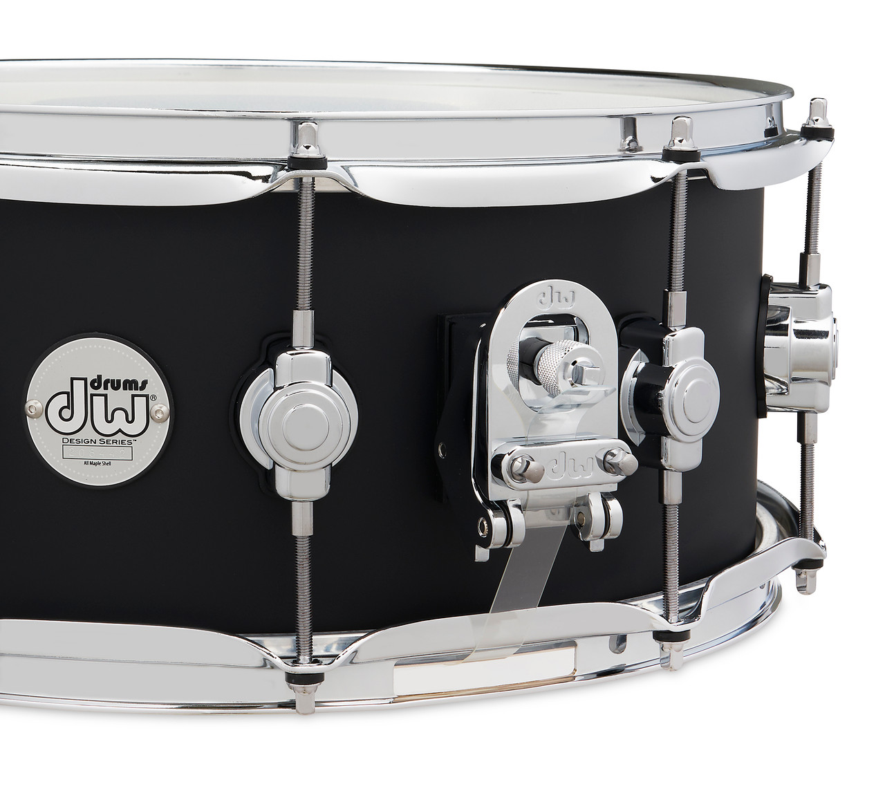 DW Design Series 14" x 6" Snare Drum - Black Stain (DDLM0614SSBL) featuring an all-maple shell, satin black finish, and smooth, balanced tone for studio and live applications.
