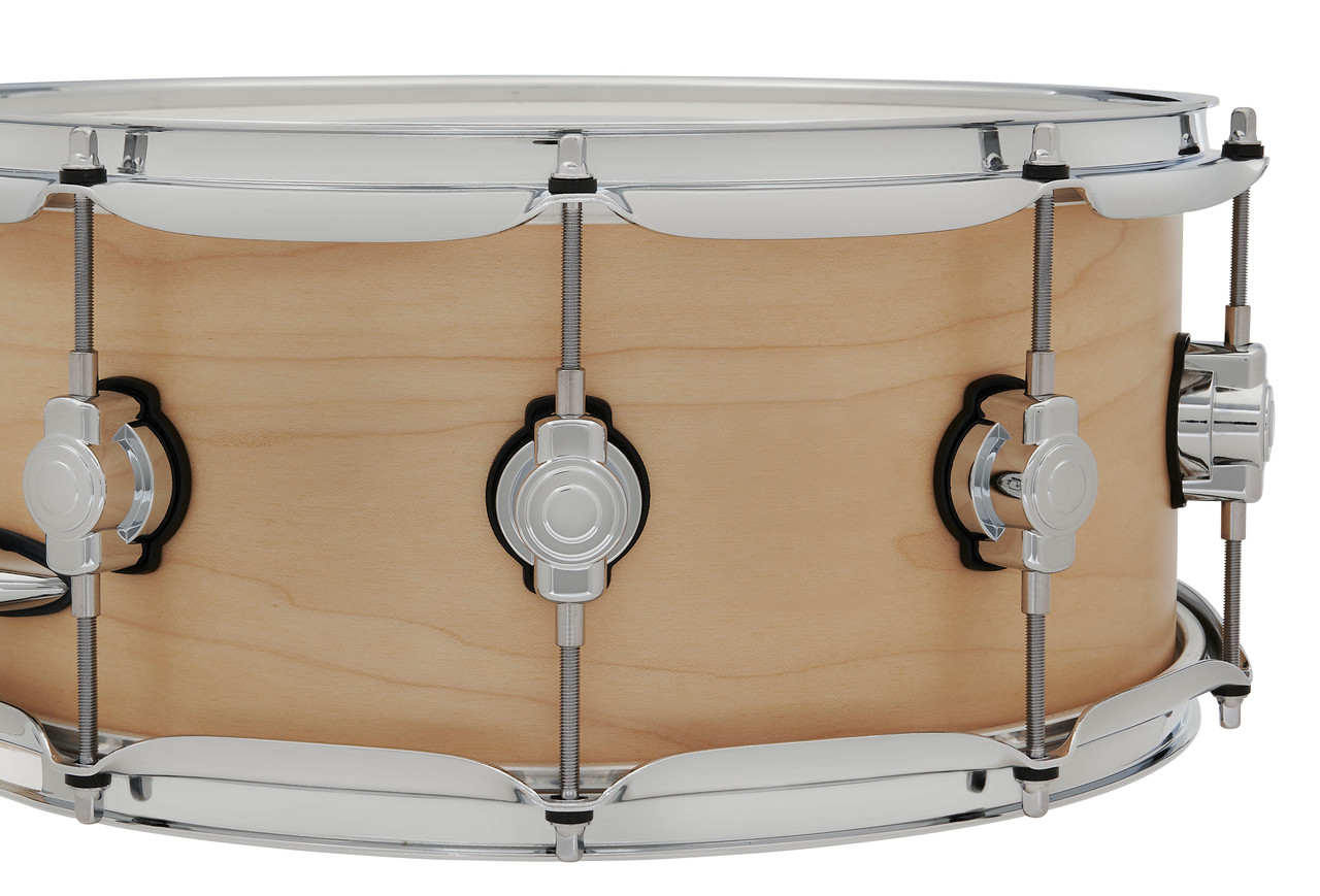 DW Design Series 14" x 6" Snare Drum - Natural Satin (DDLM0614SSNS) featuring a 10-ply maple shell with warm, balanced tone and satin natural finish for a classic DW look.