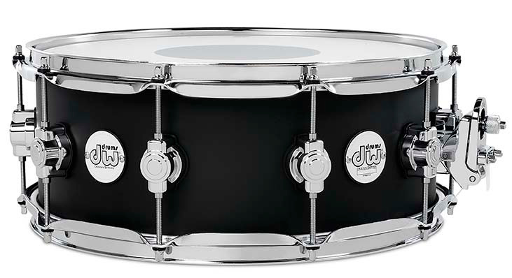 DW Design Series 14" x 5.5" Snare Drum – Black Satin (DDLM5514SSBL) featuring a 10-ply maple shell with balanced tone, sleek satin finish, and chrome hardware for modern performance.