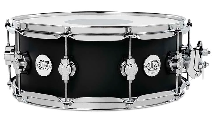DW Design Series 14" x 5.5" Snare Drum â€“ Black Satin (DDLM5514SSBL) featuring a 10-ply maple shell with balanced tone, sleek satin finish, and chrome hardware for modern performance.