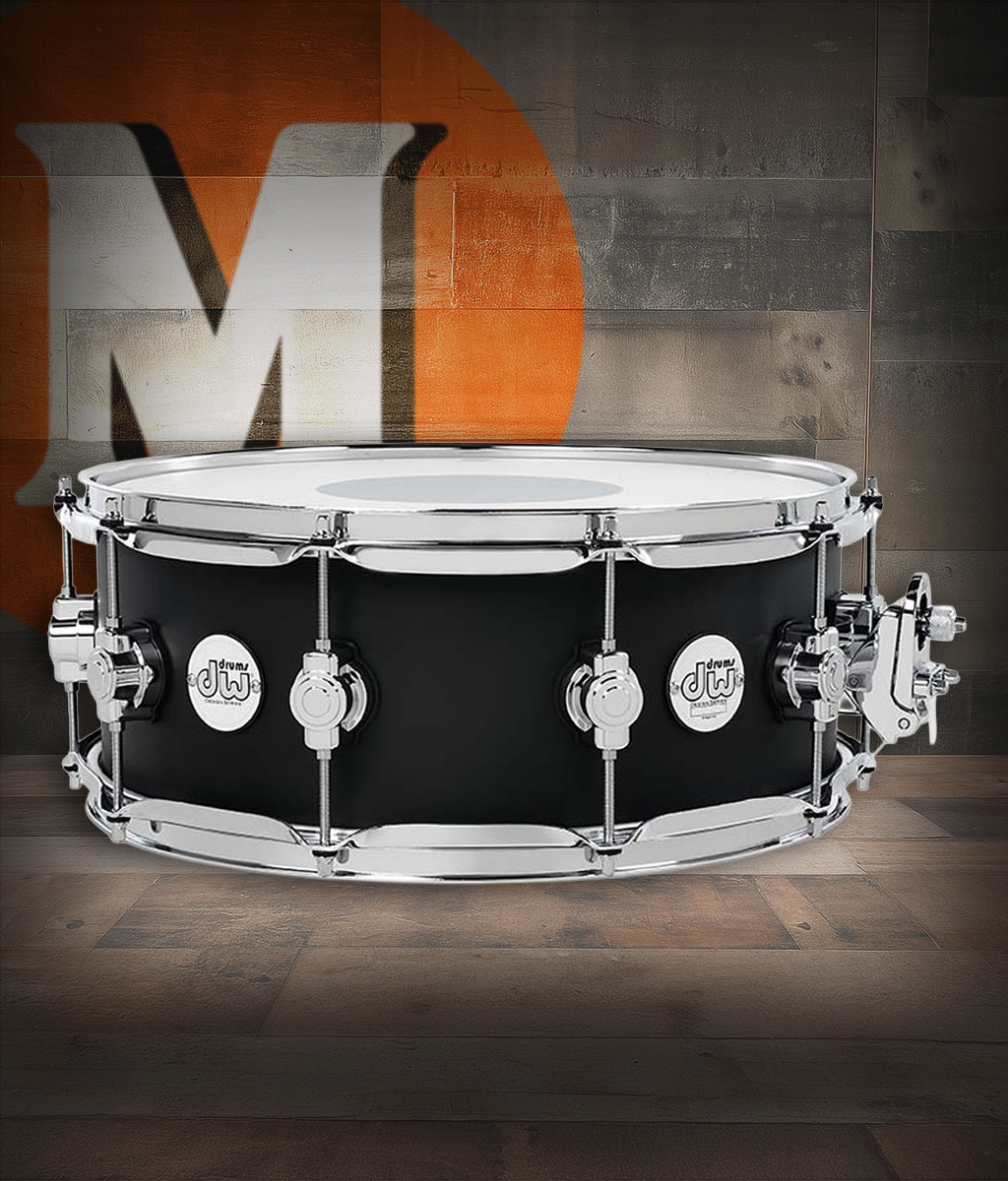 DW Design Series 14" x 5.5" Snare Drum – Black Satin (DDLM5514SSBL) featuring a 10-ply maple shell with balanced tone, sleek satin finish, and chrome hardware for modern performance.