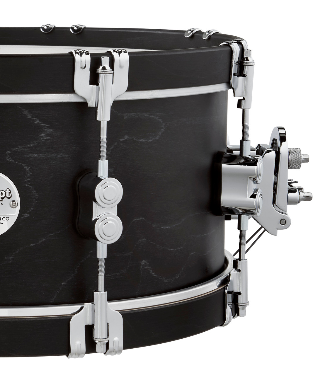 PDP Concept Classic 6.5x14 Snare Drum in Ebony Stain finish with matching wood hoops and maple shell, ideal for classic and modern drummers.