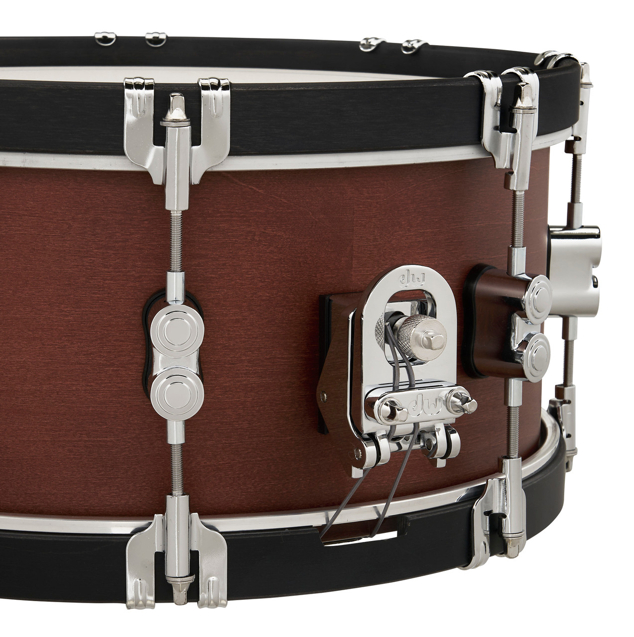 PDP Concept Classic 6.5x14 Snare Drum in deep Ebony Stain finish with matching wood hoops and maple shell, delivering classic tone and elegant design.