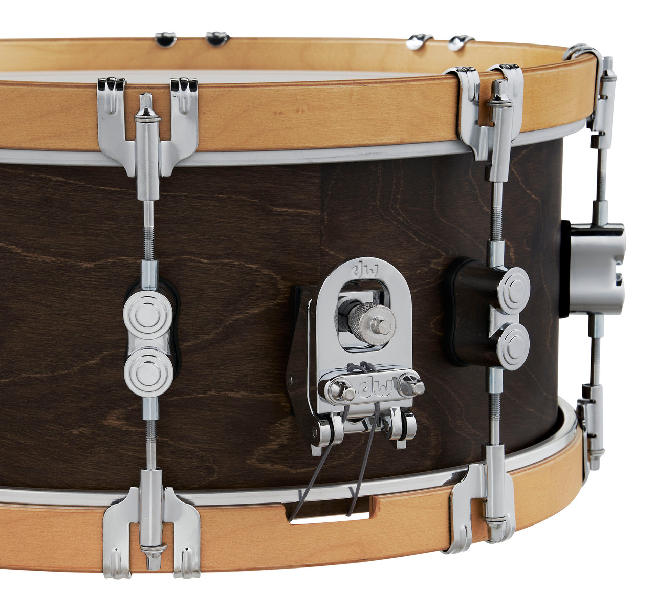 PDP Concept Classic 6.5x14 Snare Drum in Walnut Stain finish with natural wood hoops and maple shell, offering vintage tone and elegant contrast.