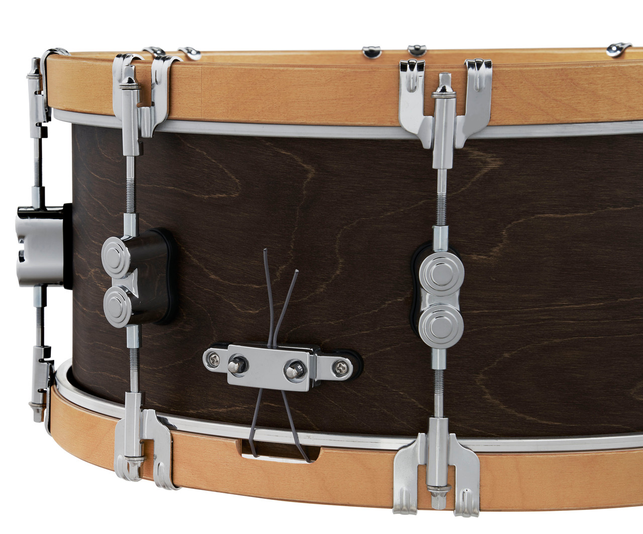 PDP Concept Classic 6.5x14 Snare Drum in Walnut Stain finish with natural wood hoops and maple shell, offering vintage tone and elegant contrast.