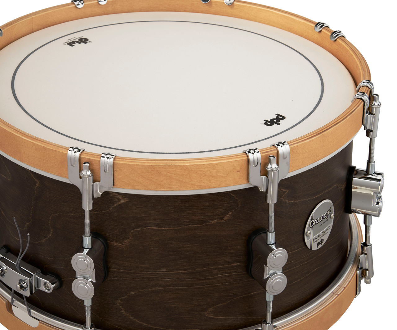 PDP Concept Classic 6.5x14 Snare Drum in Walnut Stain finish with natural wood hoops and maple shell, offering vintage tone and elegant contrast.