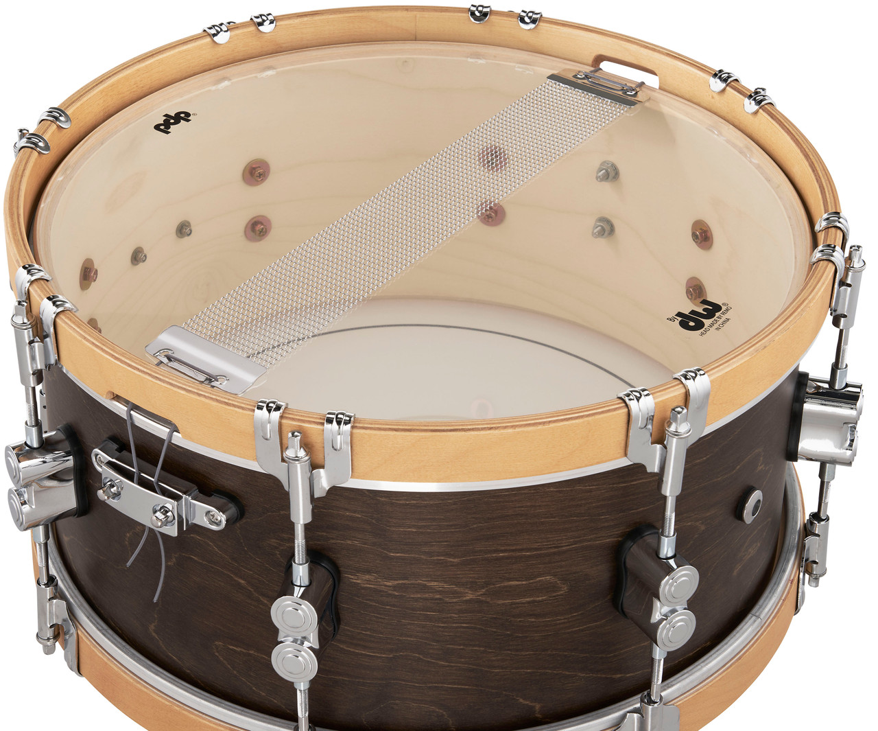 PDP Concept Classic 6.5x14 Snare Drum in Walnut Stain finish with natural wood hoops and maple shell, offering vintage tone and elegant contrast.