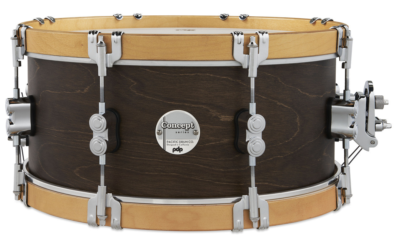 PDP Concept Classic 6.5x14 Snare Drum in Walnut Stain finish with natural wood hoops and maple shell, offering vintage tone and elegant contrast.