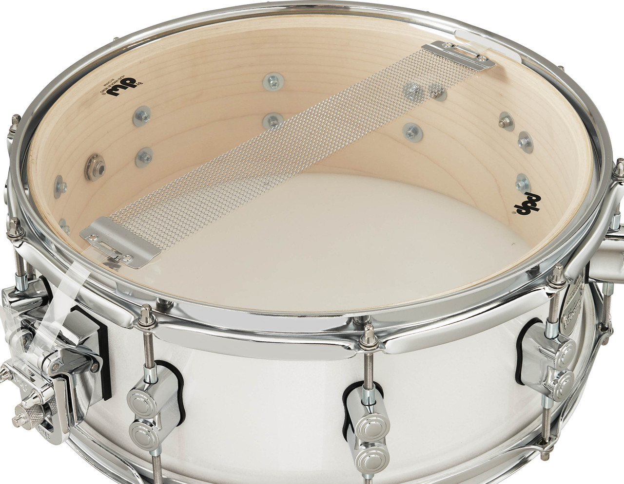 PDP Concept Maple 5.5x14 Snare Drum in Pearlescent White Lacquer finish with maple shell and chrome hardware, offering warm tone and elegant stage presence.