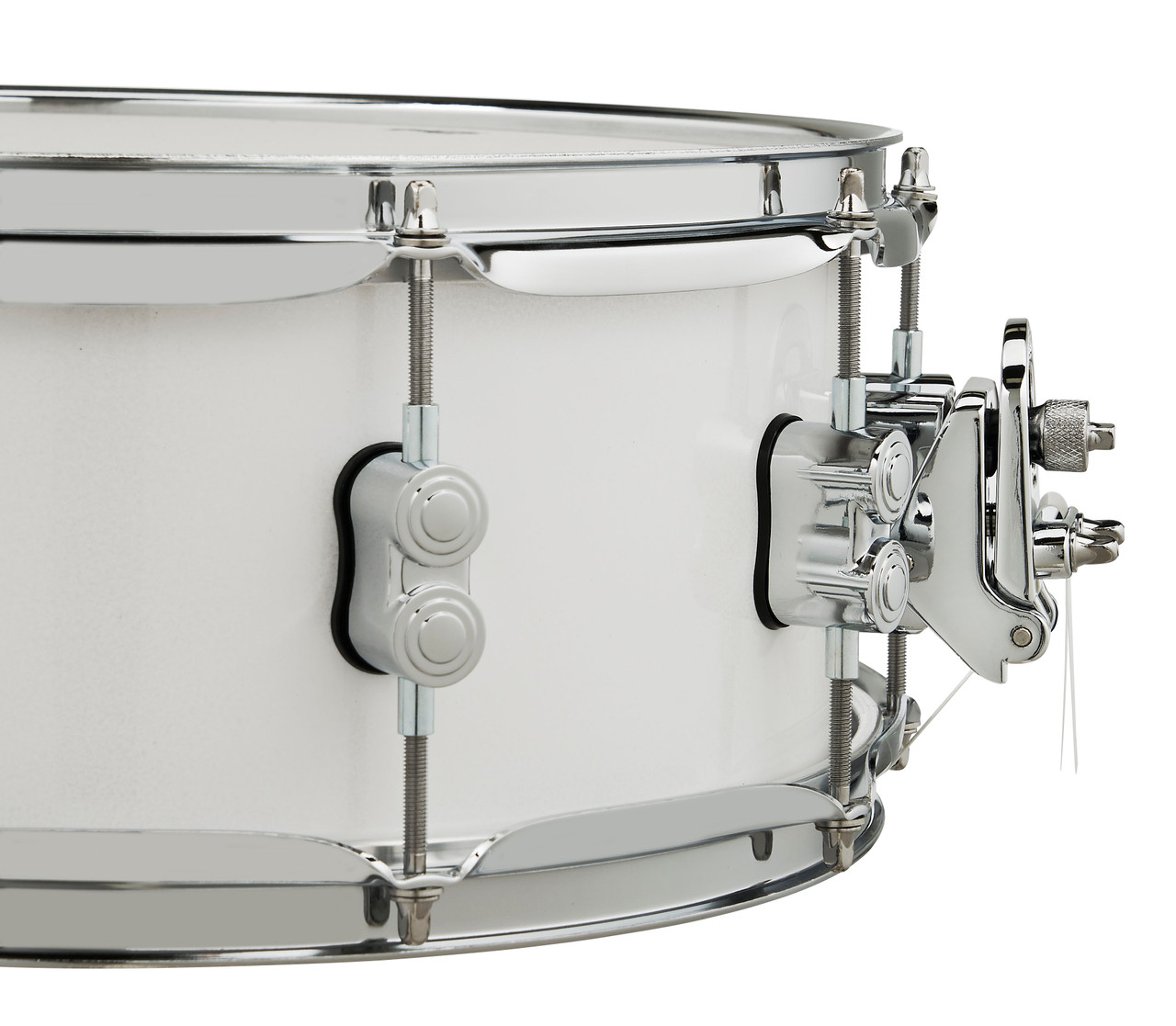 PDP Concept Maple 5.5x14 Snare Drum in Pearlescent White Lacquer finish with maple shell and chrome hardware, offering warm tone and elegant stage presence.