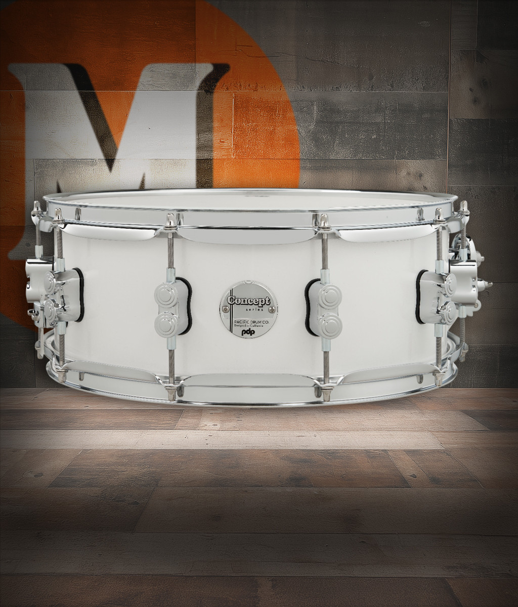 PDP Concept Maple 5.5x14 Snare Drum in Pearlescent White Lacquer finish with maple shell and chrome hardware, offering warm tone and elegant stage presence.