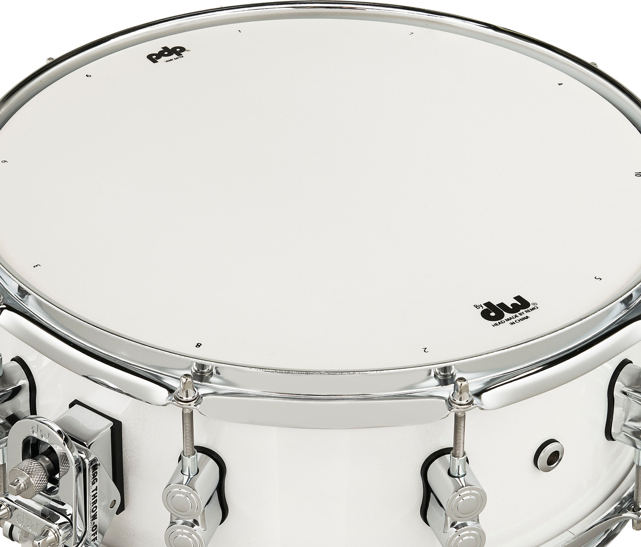 PDP Concept Maple 5.5x14 Snare Drum in Pearlescent White Lacquer finish with maple shell and chrome hardware, offering warm tone and elegant stage presence.