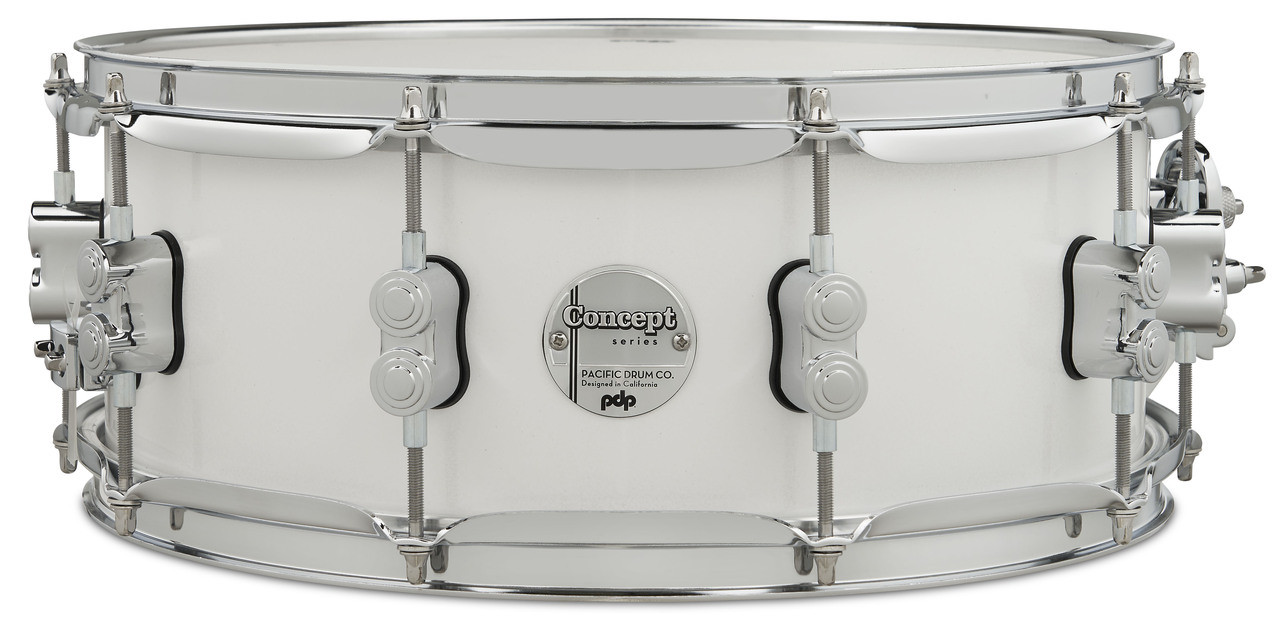 PDP Concept Maple 5.5x14 Snare Drum in Pearlescent White Lacquer finish with maple shell and chrome hardware, offering warm tone and elegant stage presence.