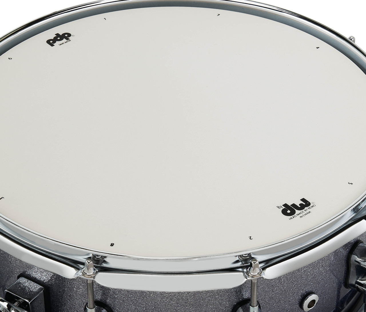 PDP Concept Maple 5.5x14 Snare Drum in Silver to Black Sparkle Fade Lacquer finish with maple shell and chrome hardware, offering brilliant looks and crisp tone.